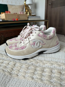 Chanel Tweed Pink Suede Leather Sneakers