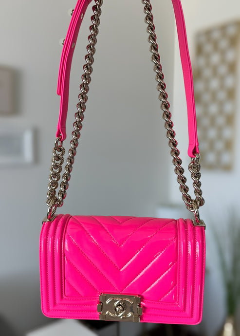 Chanel Boy Patent Chevron Small Hot Pink