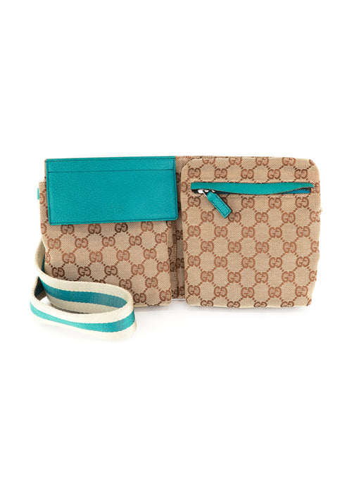 Gucci Monogram Web Double Pocket Belt BumBag Turquoise