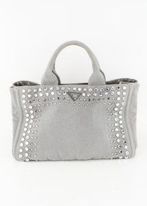 Prada Canapa Studded Crystal 2 Way Tote Grey