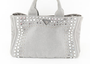 Prada Canapa Studded Crystal 2 Way Tote Grey