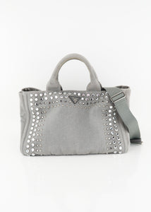 Prada Canapa Studded Crystal 2 Way Tote Grey