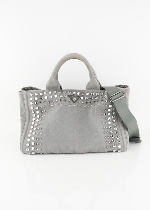 Prada Canapa Studded Crystal 2 Way Tote Grey