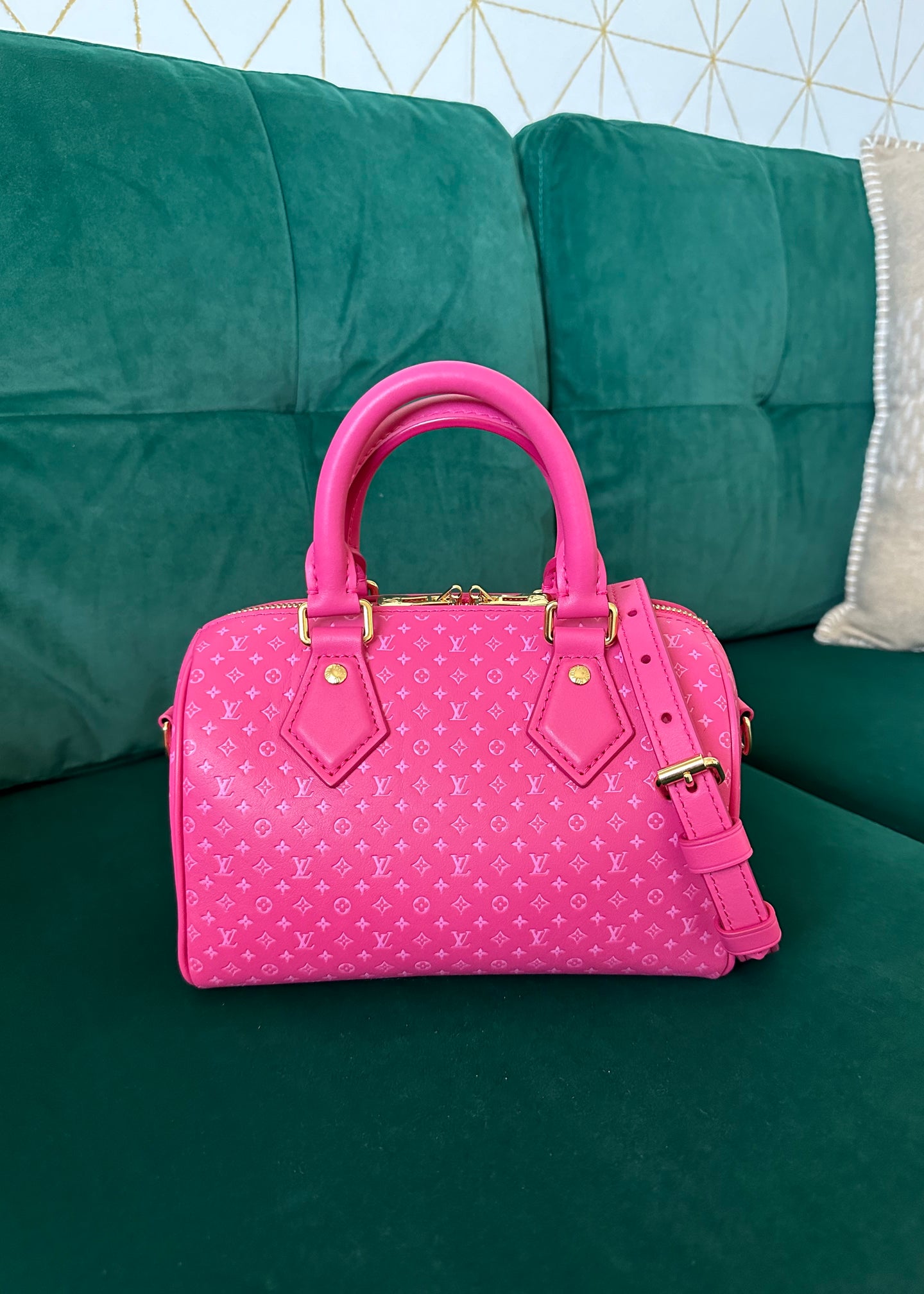 Louis Vuitton Calfskin Nanogram Embossed Speedy Bandouliere 20 Rose