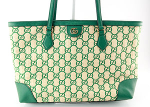 Gucci Ophidia Medium Calfskin Raffia Shopping Tote Emerald Green