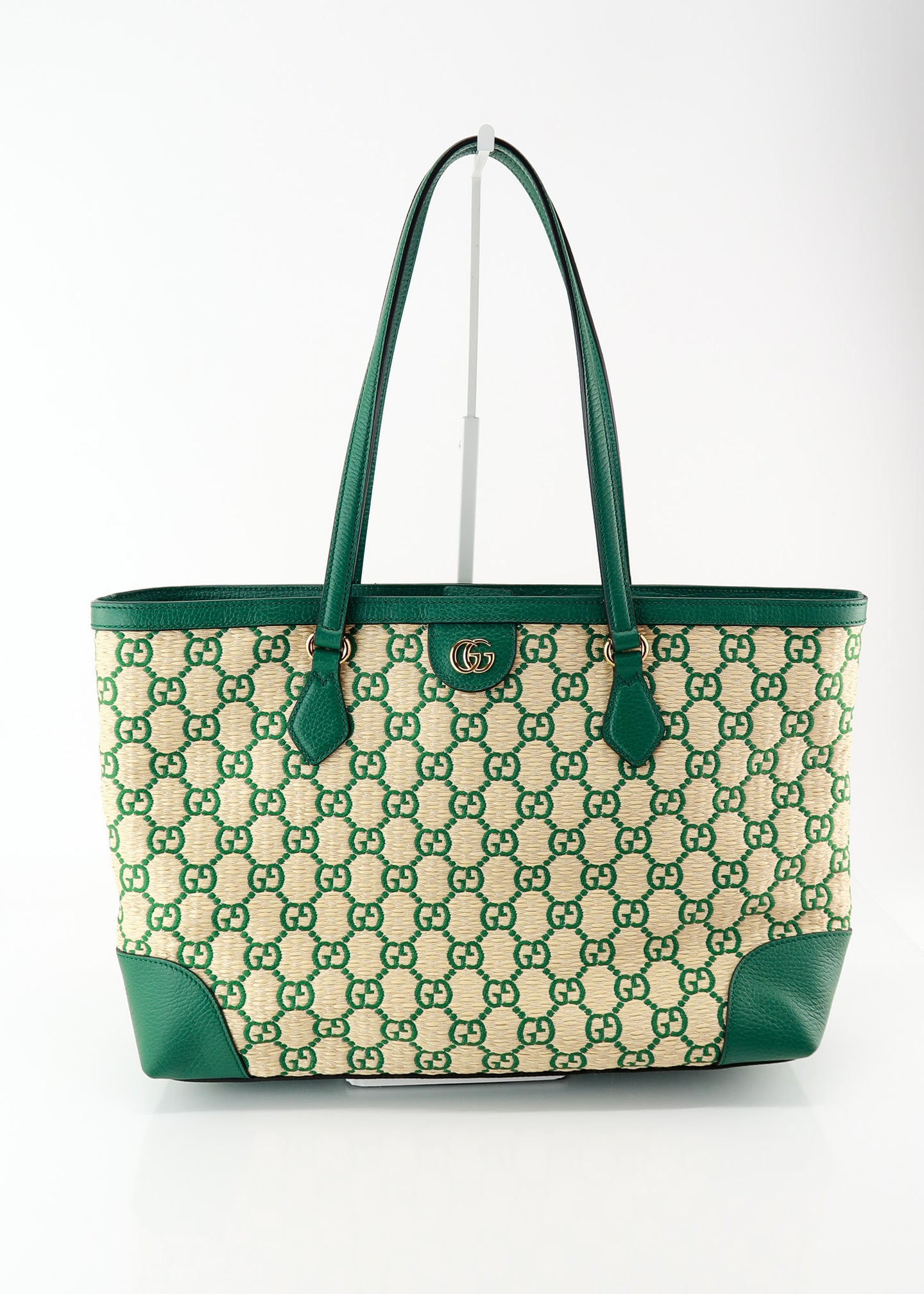 Gucci Ophidia Medium Calfskin Raffia Shopping Tote Emerald Green