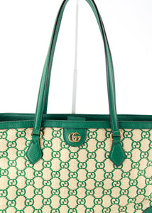 Gucci Ophidia Medium Calfskin Raffia Shopping Tote Emerald Green