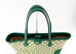 Gucci Ophidia Medium Calfskin Raffia Shopping Tote Emerald Green