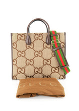 Load image into Gallery viewer, Gucci Monogram Jumbo GG Calfskin Web Tote Camel