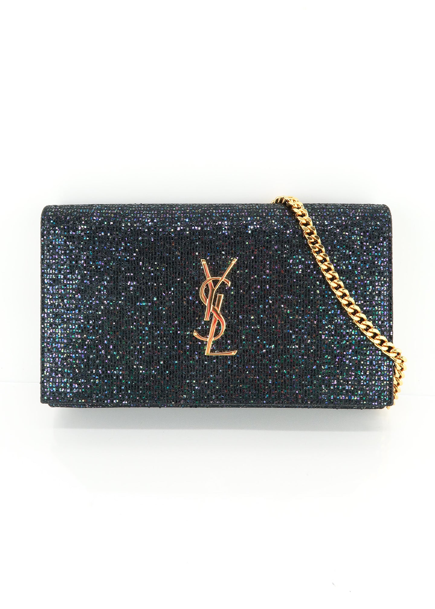 Saint Laurent Monogram Glitter Wallet on Chain Black