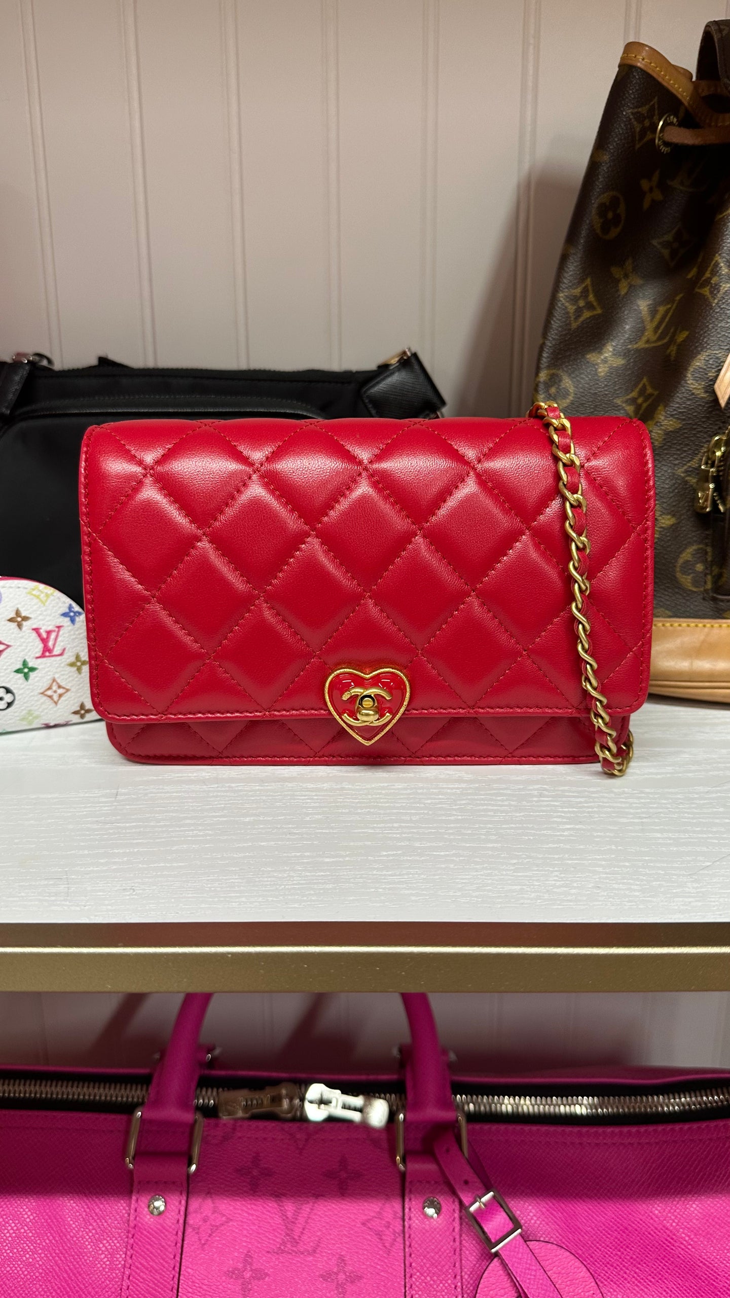 Chanel Lambskin Quilted Coco Love Wallet on Chain Red