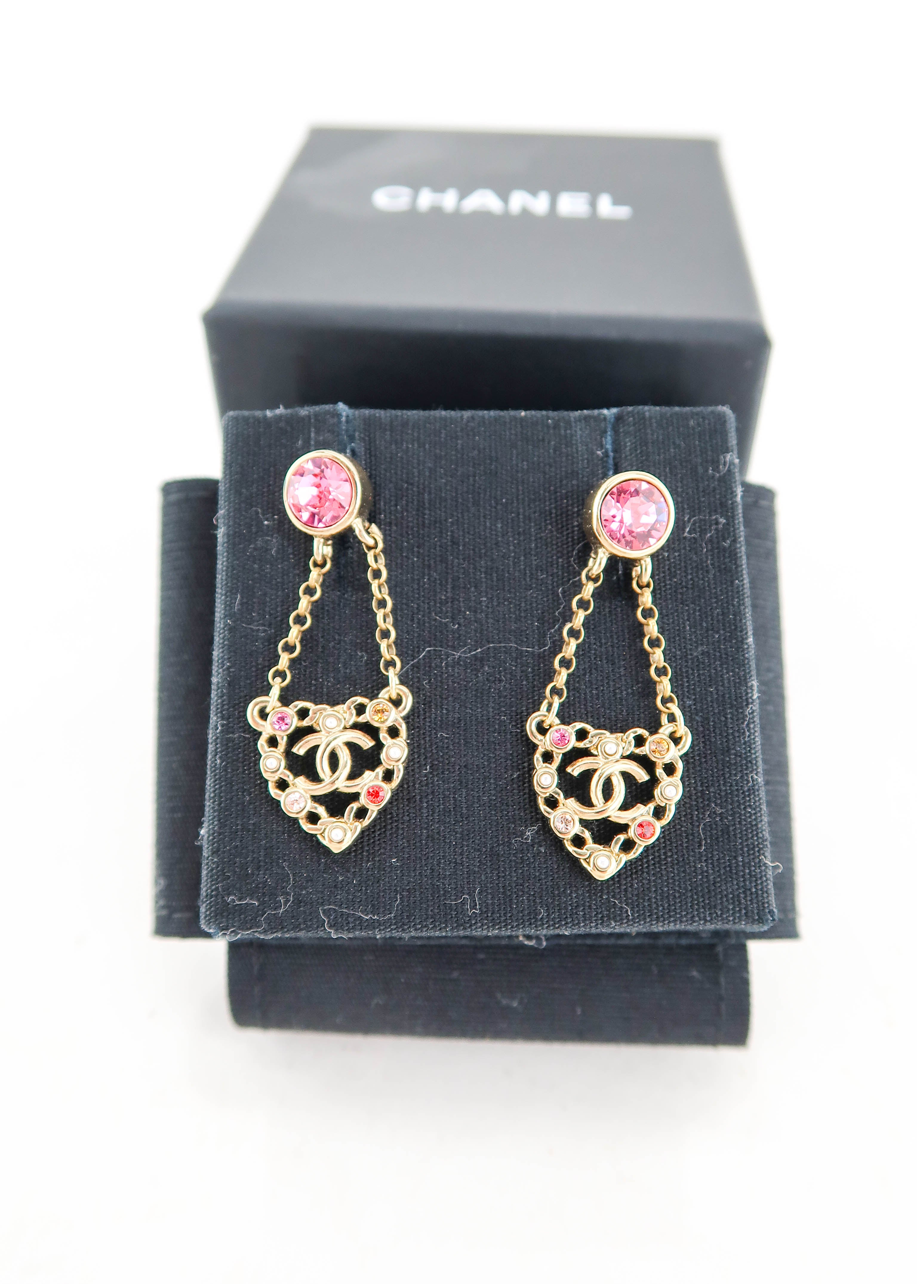 CHANEL CC Logo Heart Shape Dangle Earrings Gold Peach Pink tone