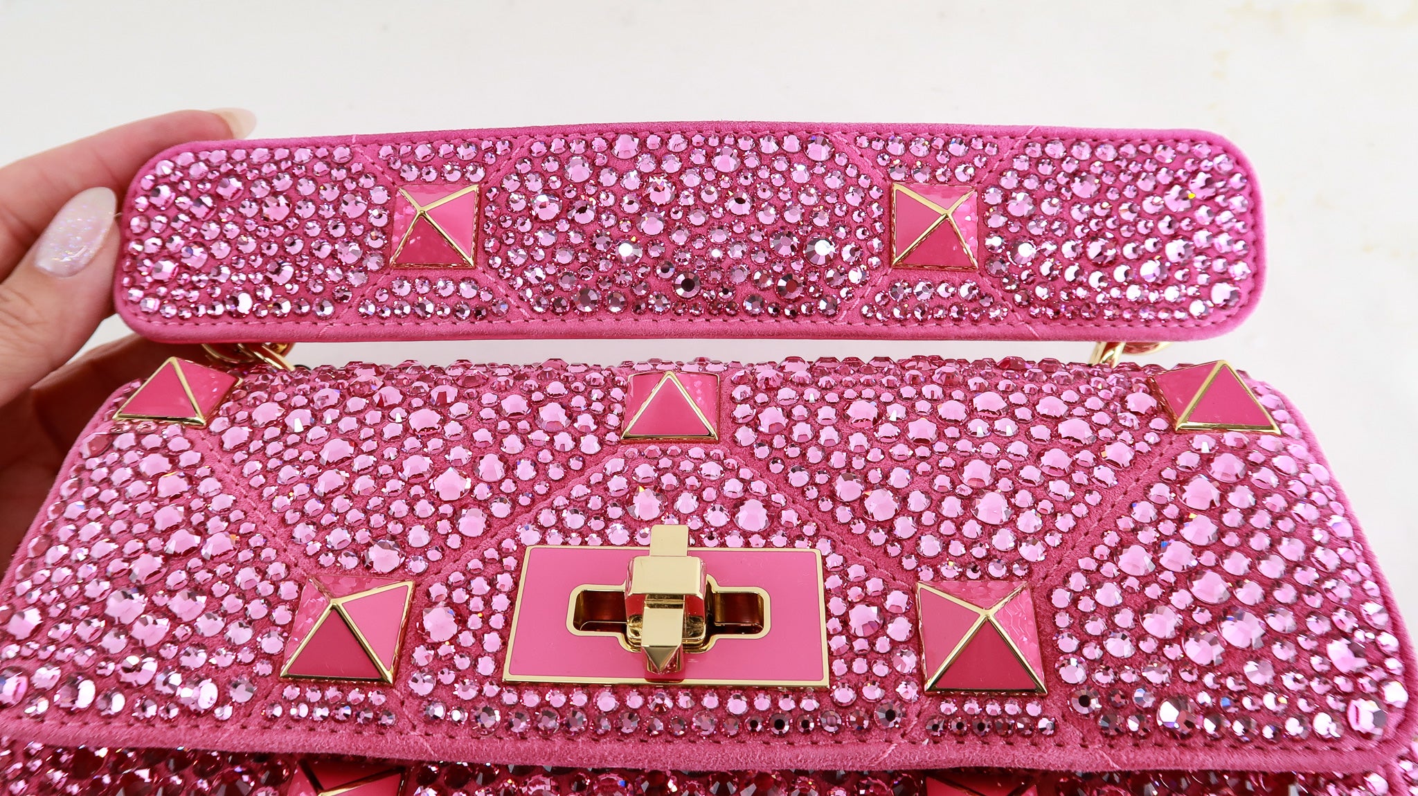 Valentino Garavani Women's Hot Pink Small Crystal Roman Stud Shoulder Bag | by Mitchell Stores