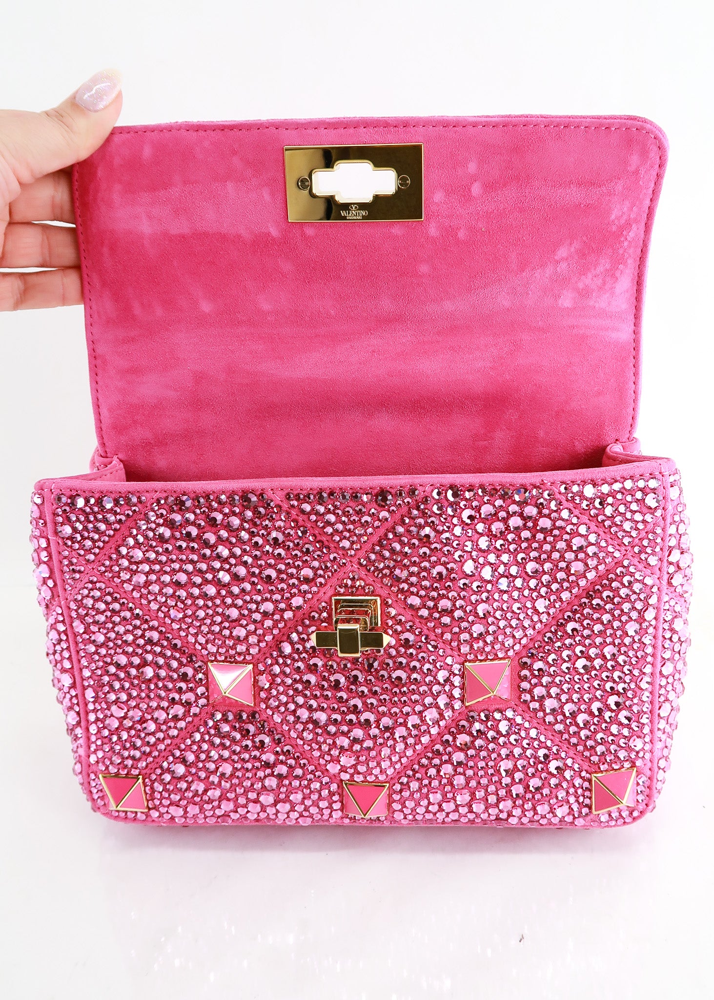 Valentino Crystal Embellished Suede Medium Roman Stud Bag - Pink Handle Bags,  Handbags - VAL351480