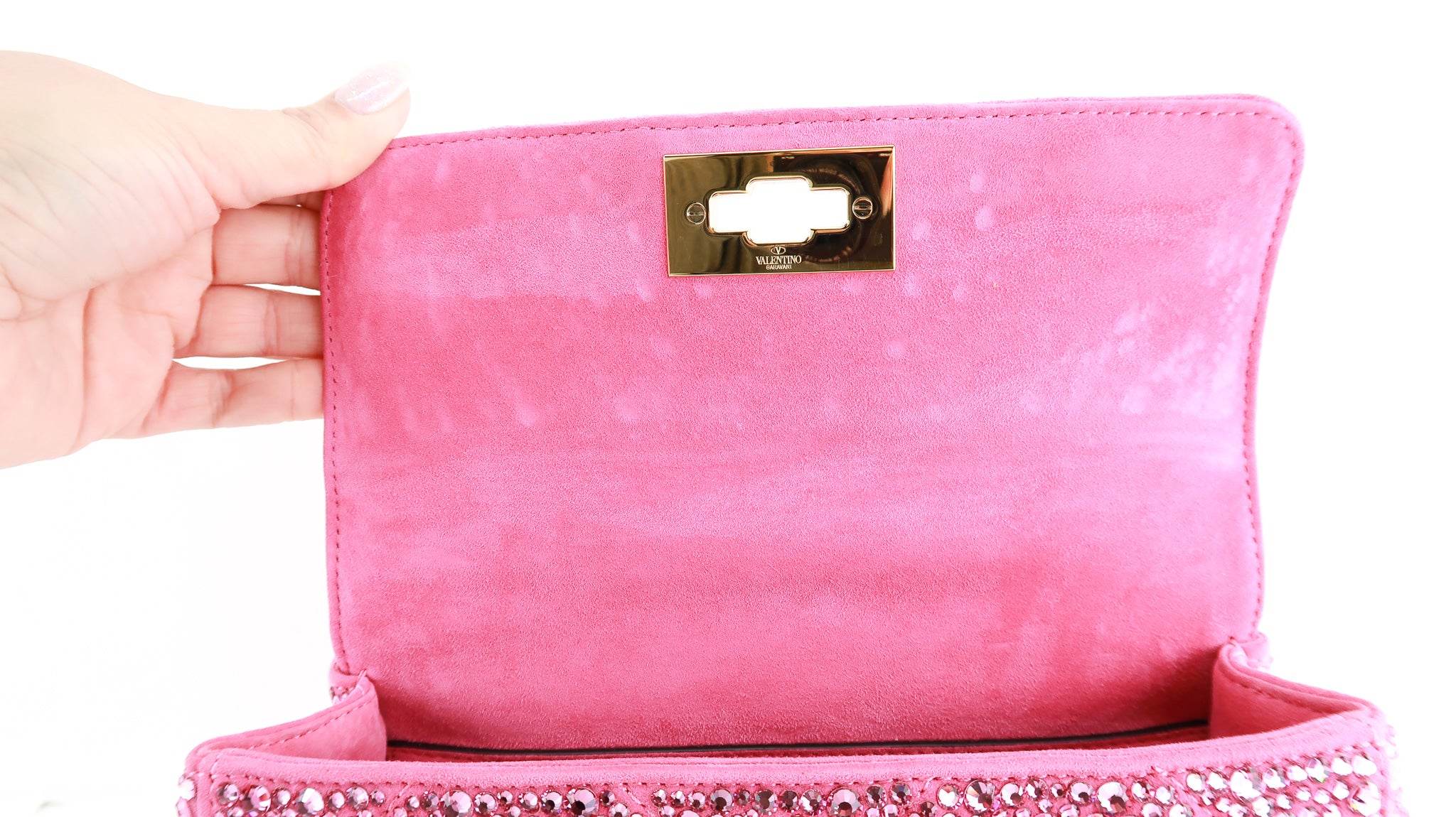 64699 auth VALENTINO pink leather CRYSTAL EMBELLISHED GLAM LOCK