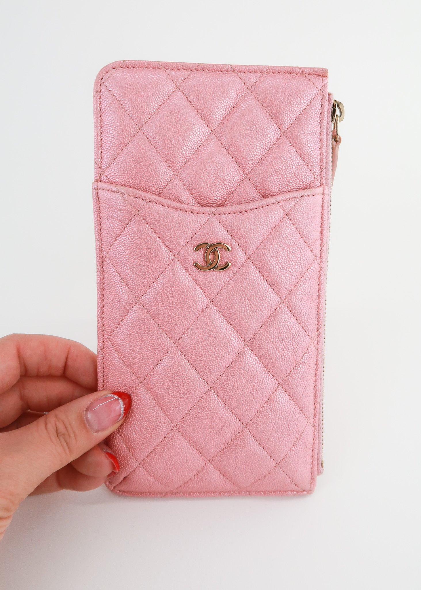 CHANEL 18S Pearly Pink Caviar Flat Card Holder Mini Wallet Iridescent Card  Case