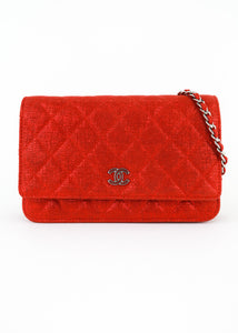 Chanel Quilted Glitter Wallet on Chain Red