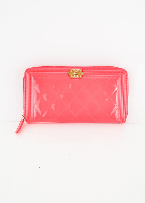 Chanel Patent Leather Zippy Wallet Neon Pink