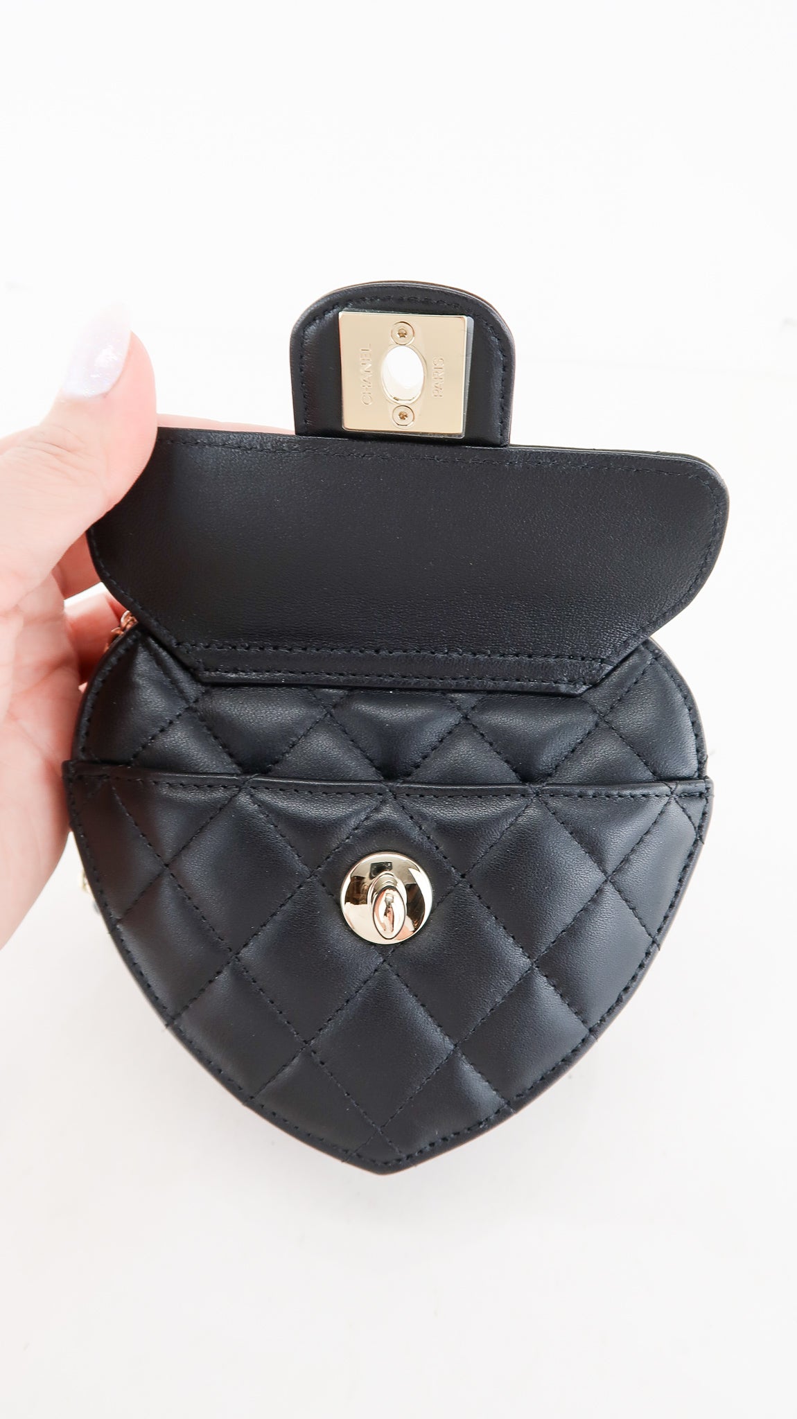 Chanel Black Quilted Lambskin Heart Zipped Arm Coin Purse