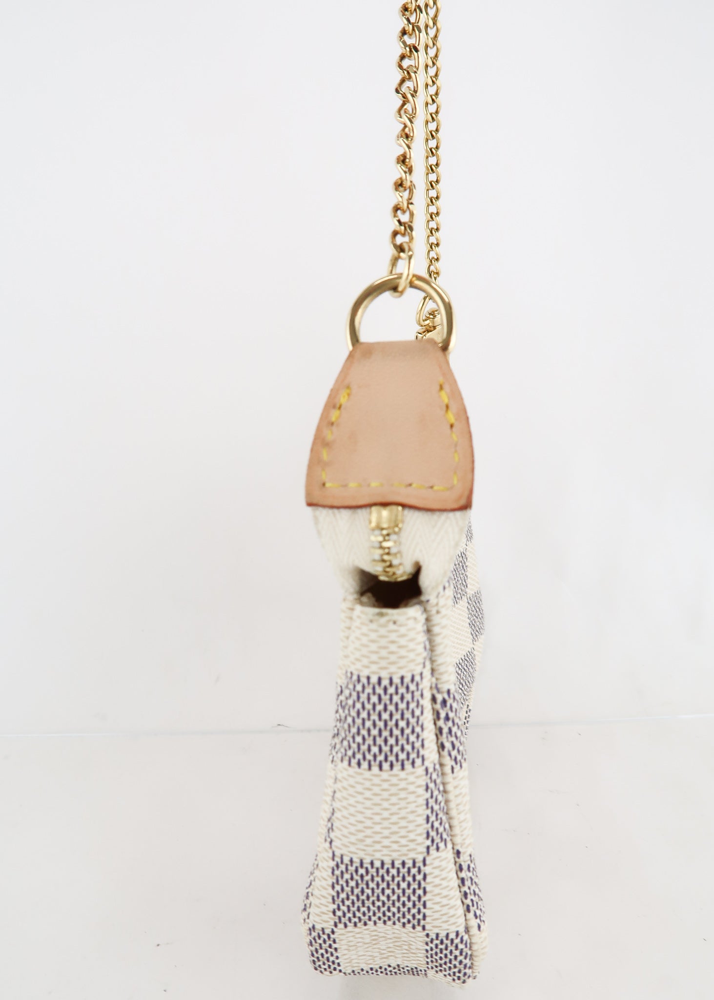 LOUIS VUITTON 2016 Damier Azur Mini Pochette top zip gold chain small bag  at 1stDibs