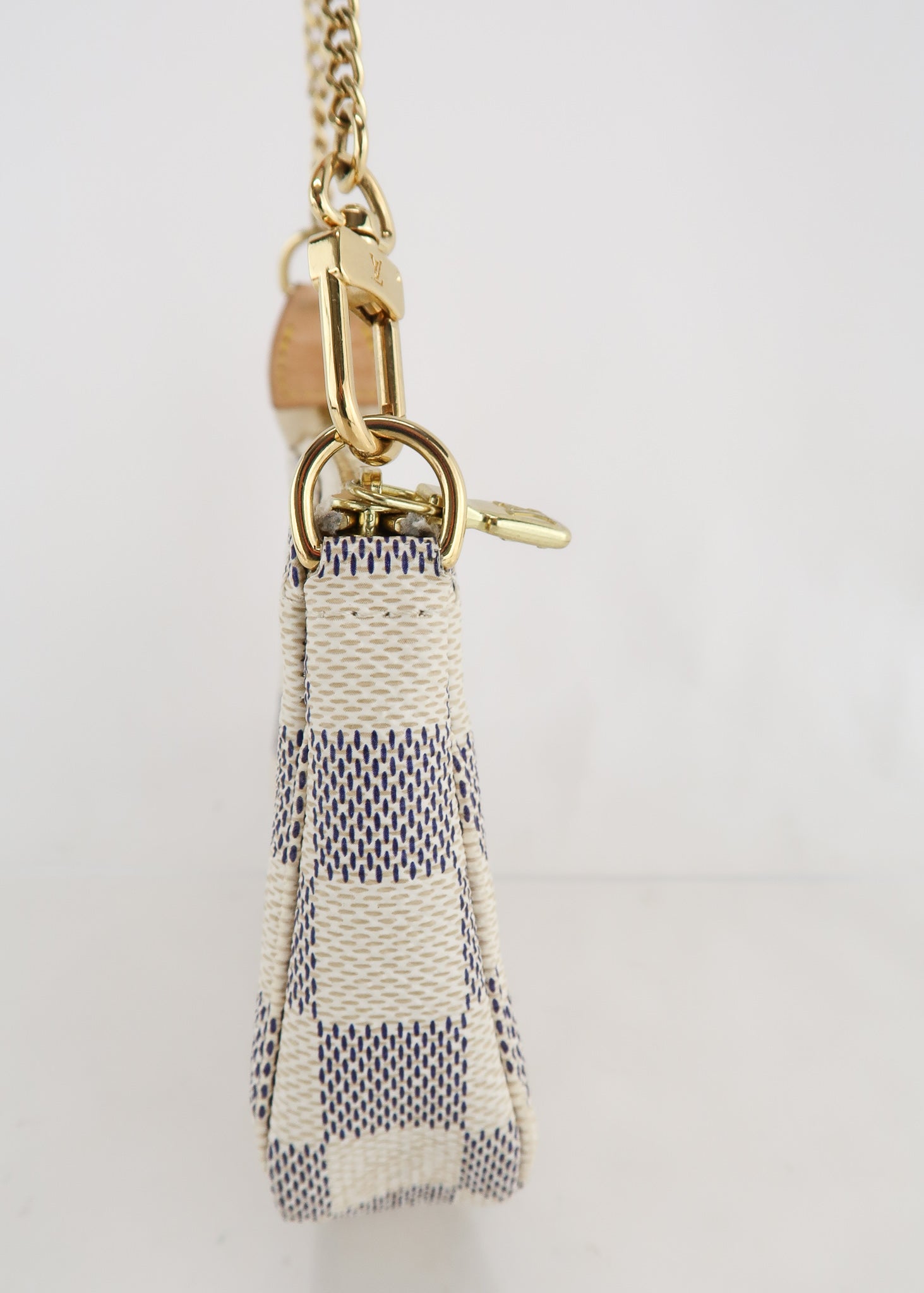 LOUIS VUITTON 2016 Damier Azur Mini Pochette top zip gold chain small bag  at 1stDibs