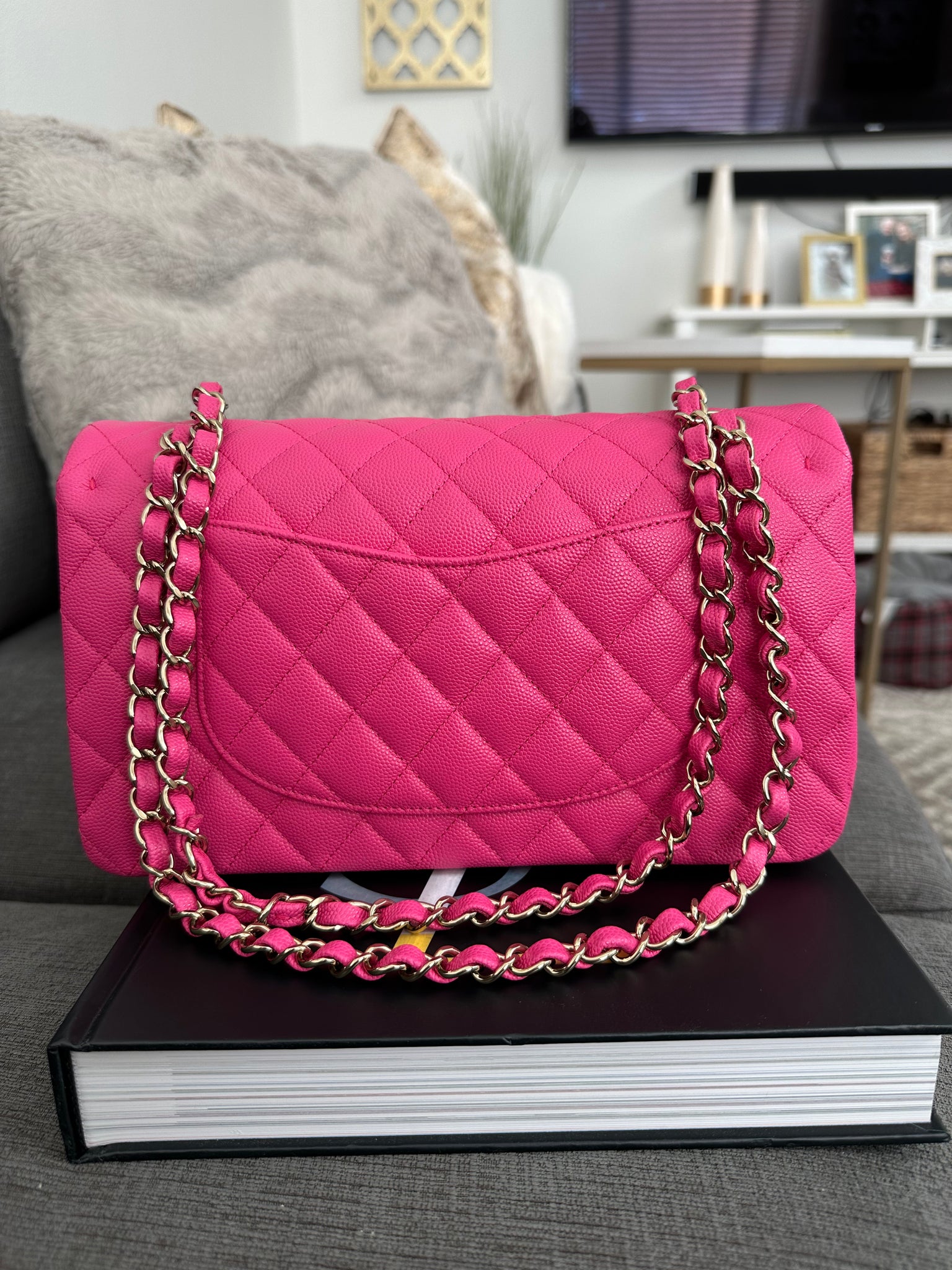 Chanel Classic Medium Double Flap Quilted Leather Shoulder Bag Neon Pink