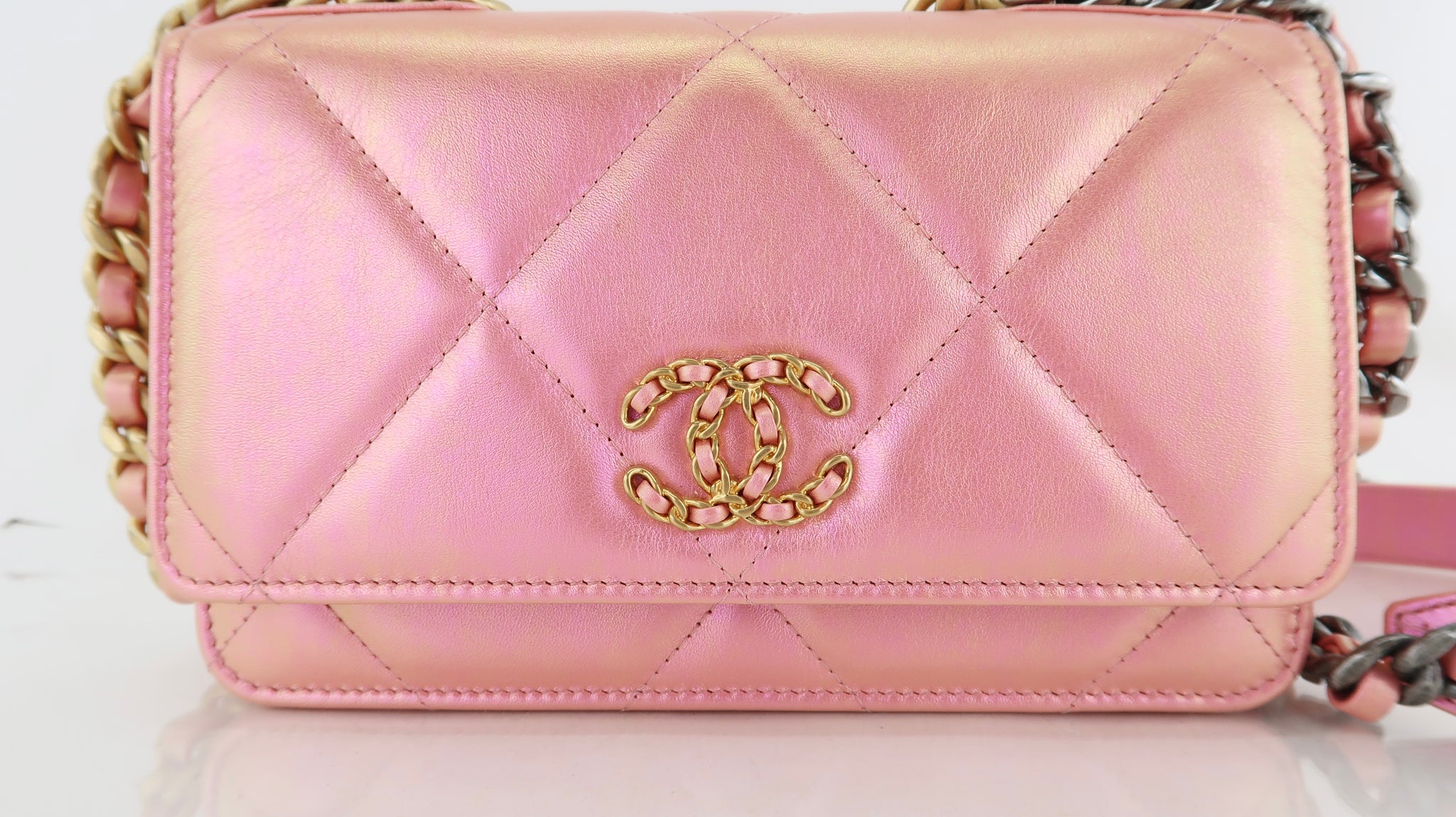 Chanel Metallic Iridescent Pink Lambskin Chanel 19 Wallet On Chain WOC Bag