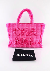Chanel Giant Logo Shopping Bag Quilted Tweed Large Pink