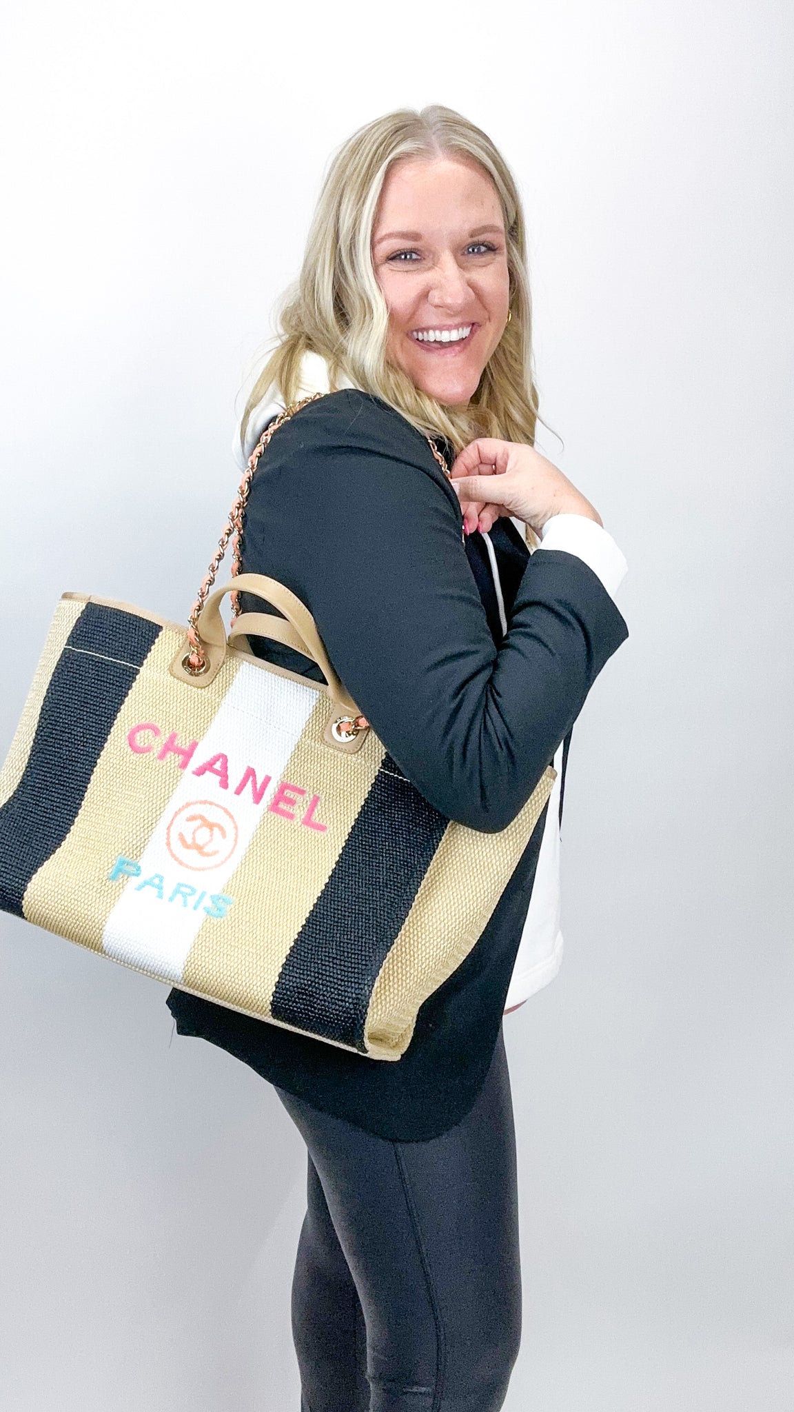 Chanel Deauville Logo Shopping Tote Printed Raffia Large worn by Brynn  Whitfield as seen in The Real Housewives of New York City (S14E08)