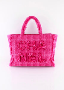 Chanel Giant Logo Shopping Bag Quilted Tweed Large Pink