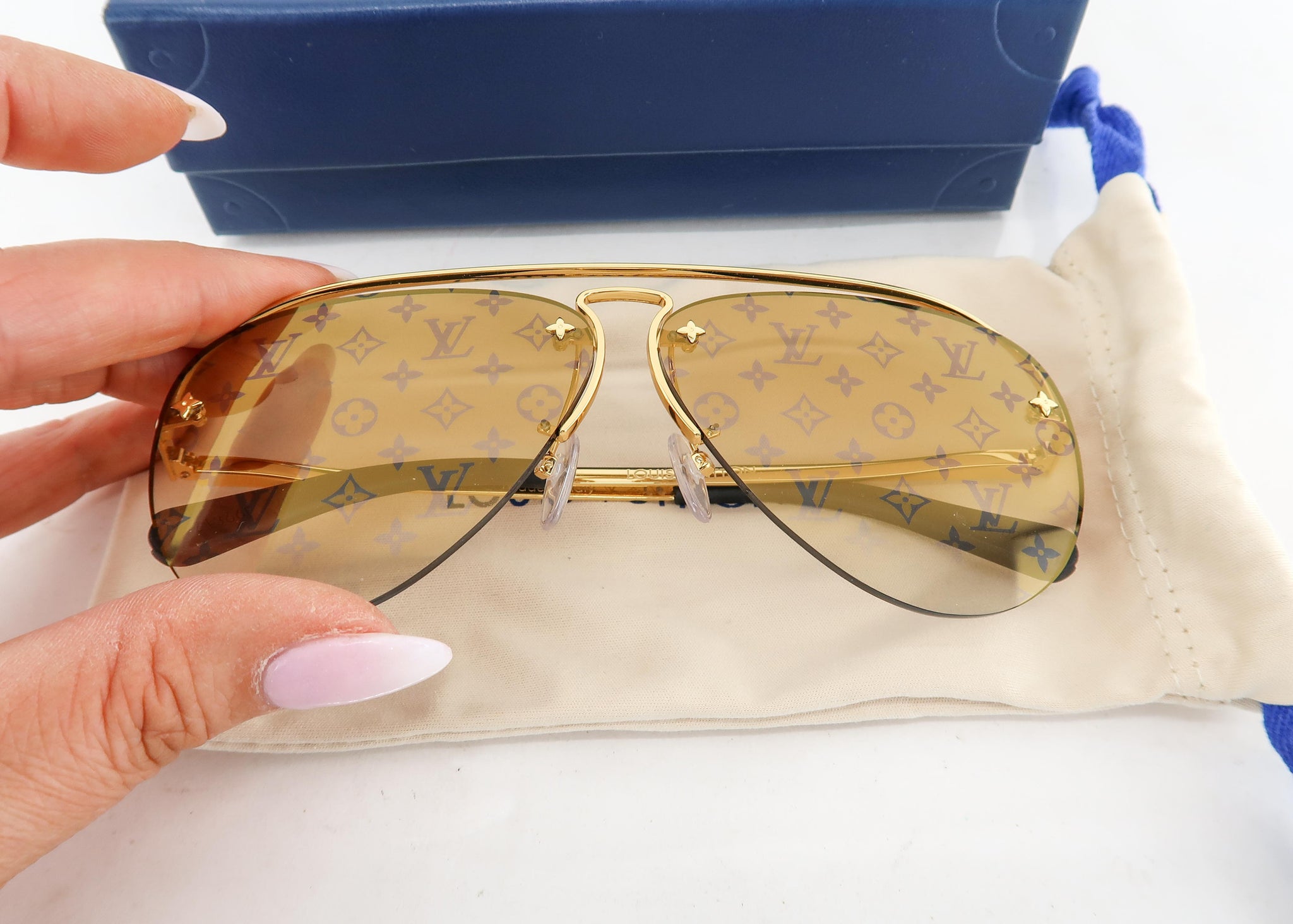 Louis Vuitton Brown, Gold, Pattern Print Monogram Clockwise Aviator Sunglasses