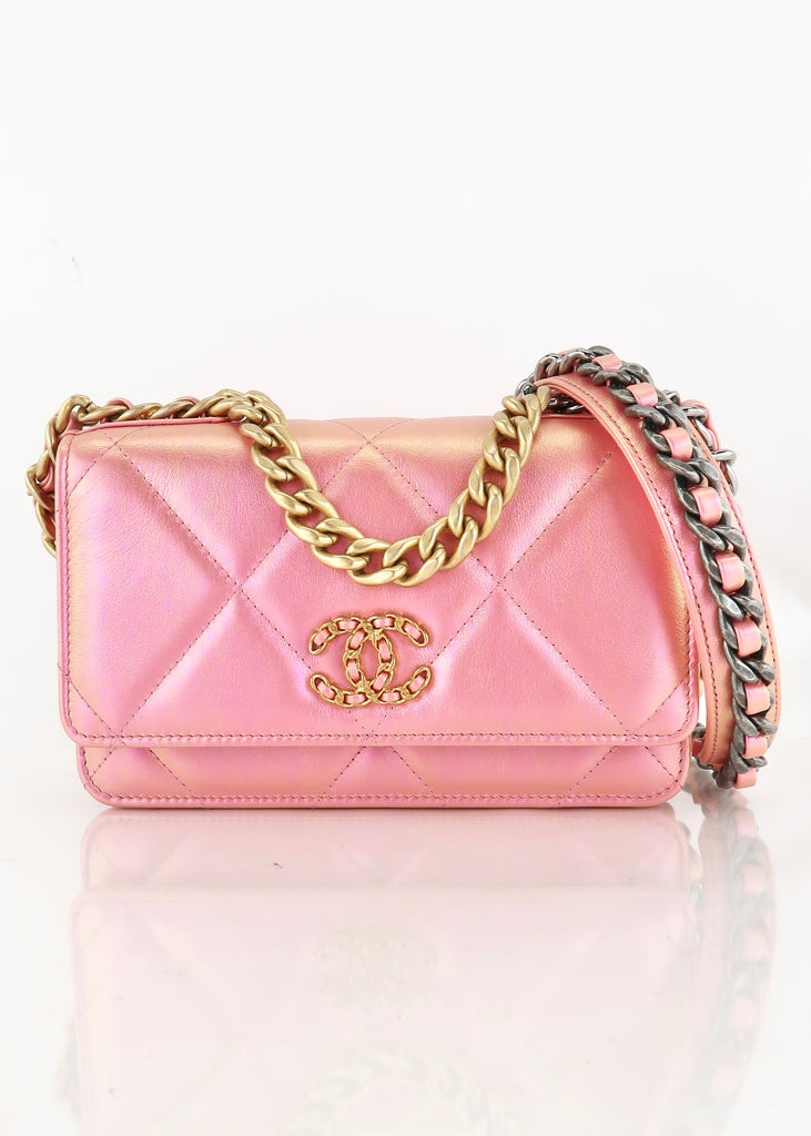 CHANEL Iridescent Calfskin Quilted Chanel 19 Wallet On Chain WOC Pink  695875