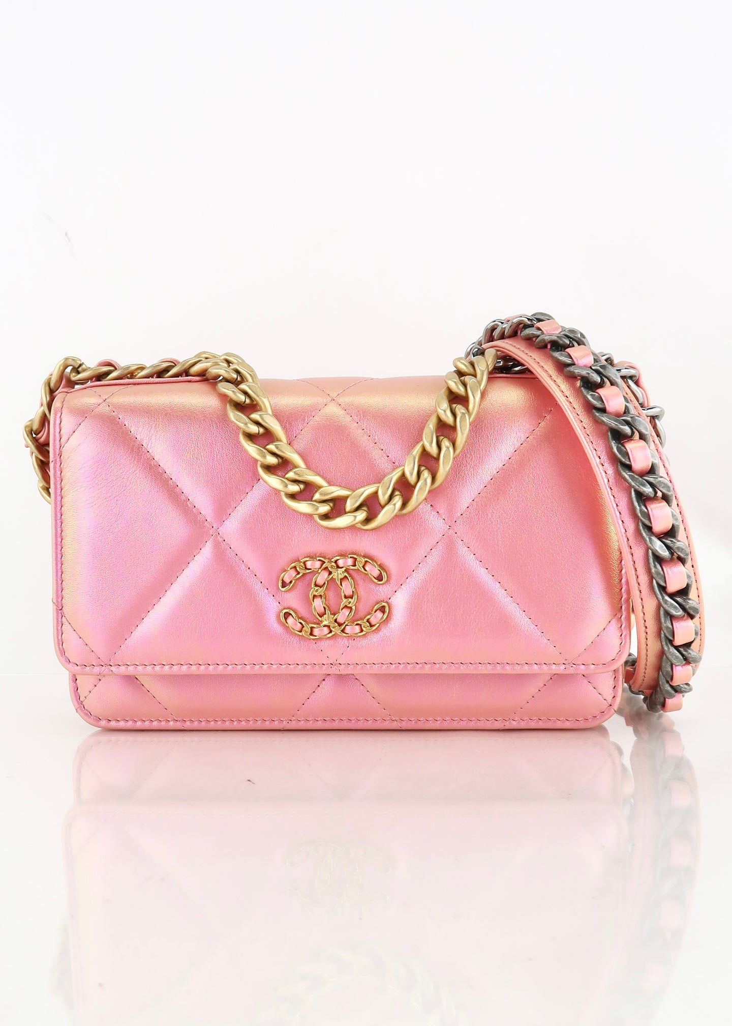 Chanel 19 Calfskin Wallet on Chain Iridescent Pink