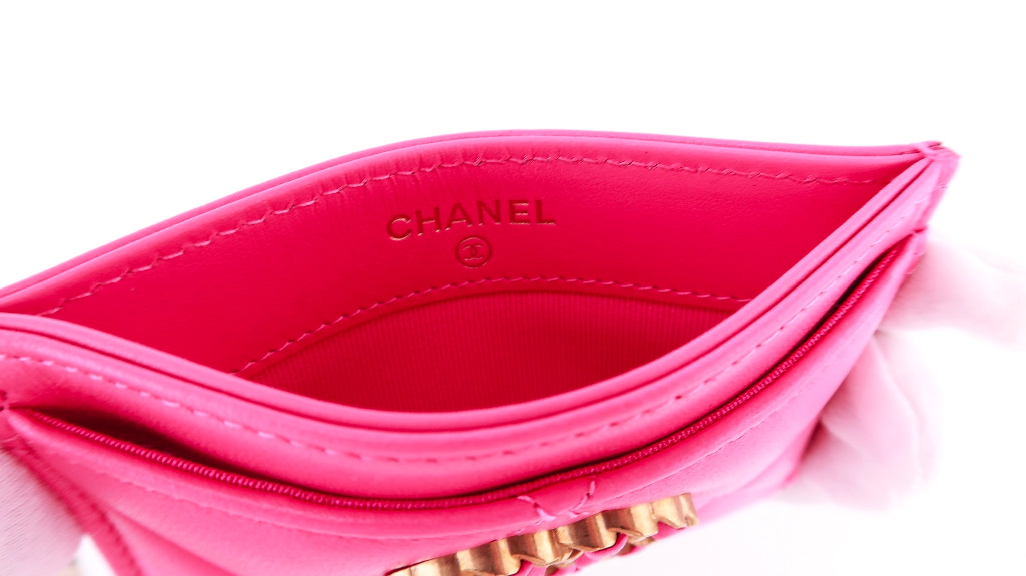 CHANEL Lambskin Quilted Chanel 19 Card Holder Dark Pink 1062841